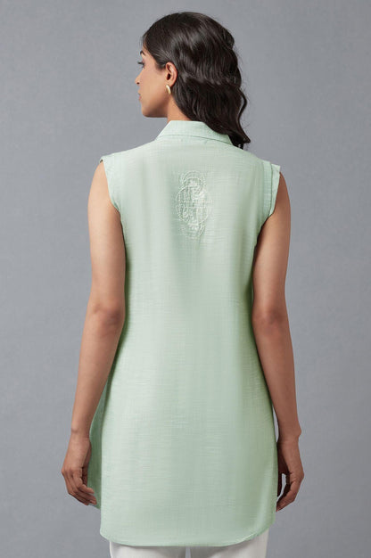 Light Green And Ecru Stripe Print Cotton Sleeveless Tunic - wforwoman