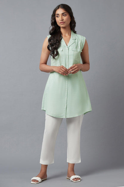 Light Green And Ecru Stripe Print Cotton Sleeveless Tunic - wforwoman