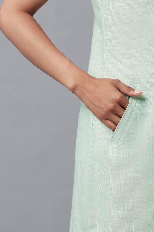 Light Green And Ecru Stripe Print Cotton Sleeveless Tunic