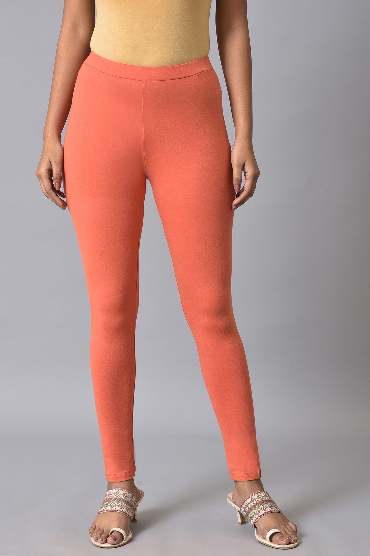 Orange Solid Cotton Tights - S