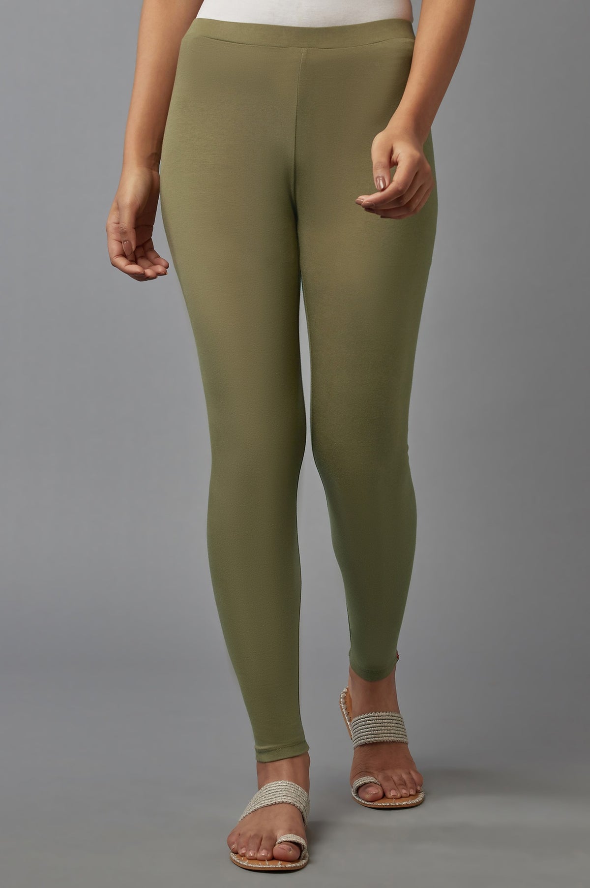 Olive Green Solid Cotton Tights - S