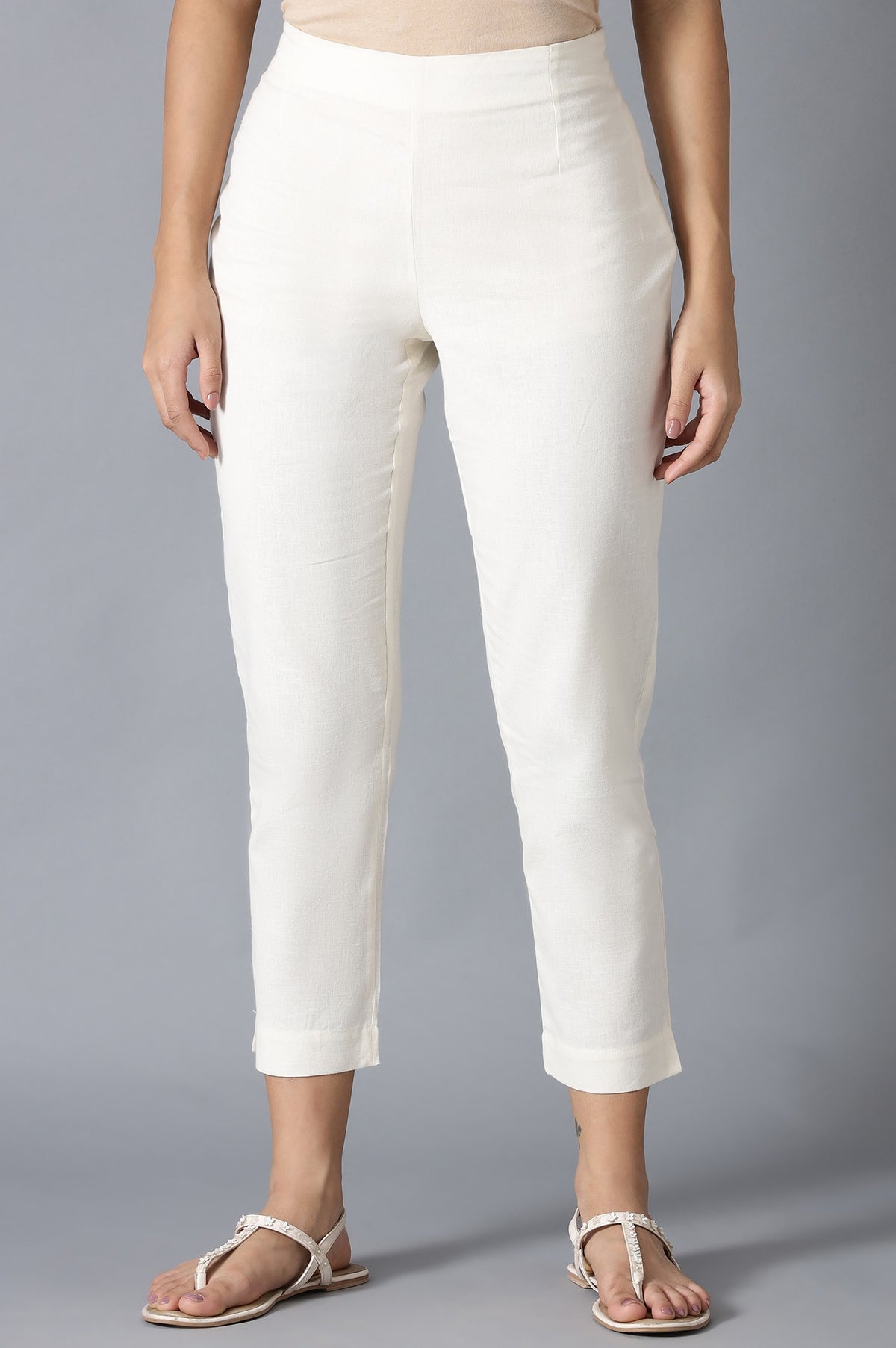Ecru Flax Solid Slim Pants - XS