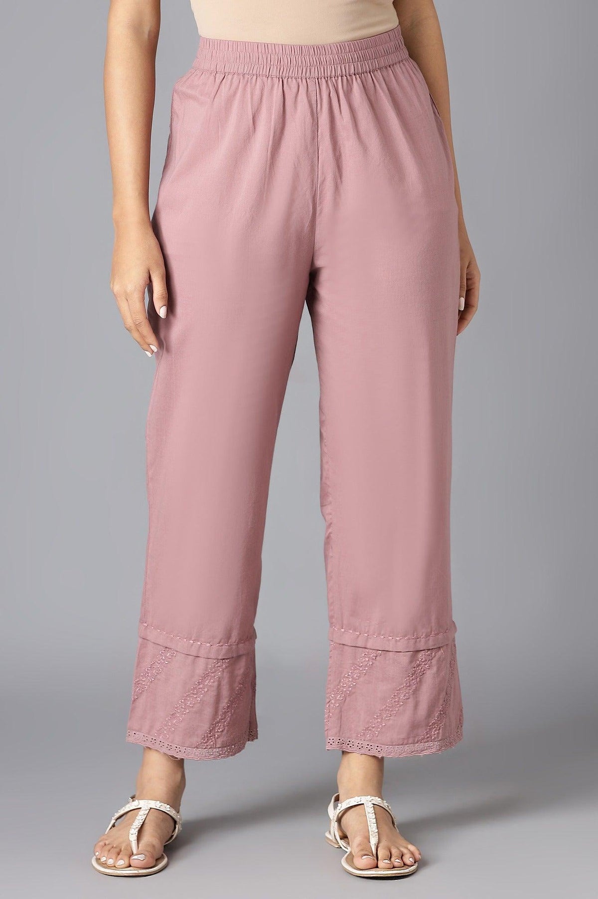 Dark Pink Embroidered Straight Pants - XS