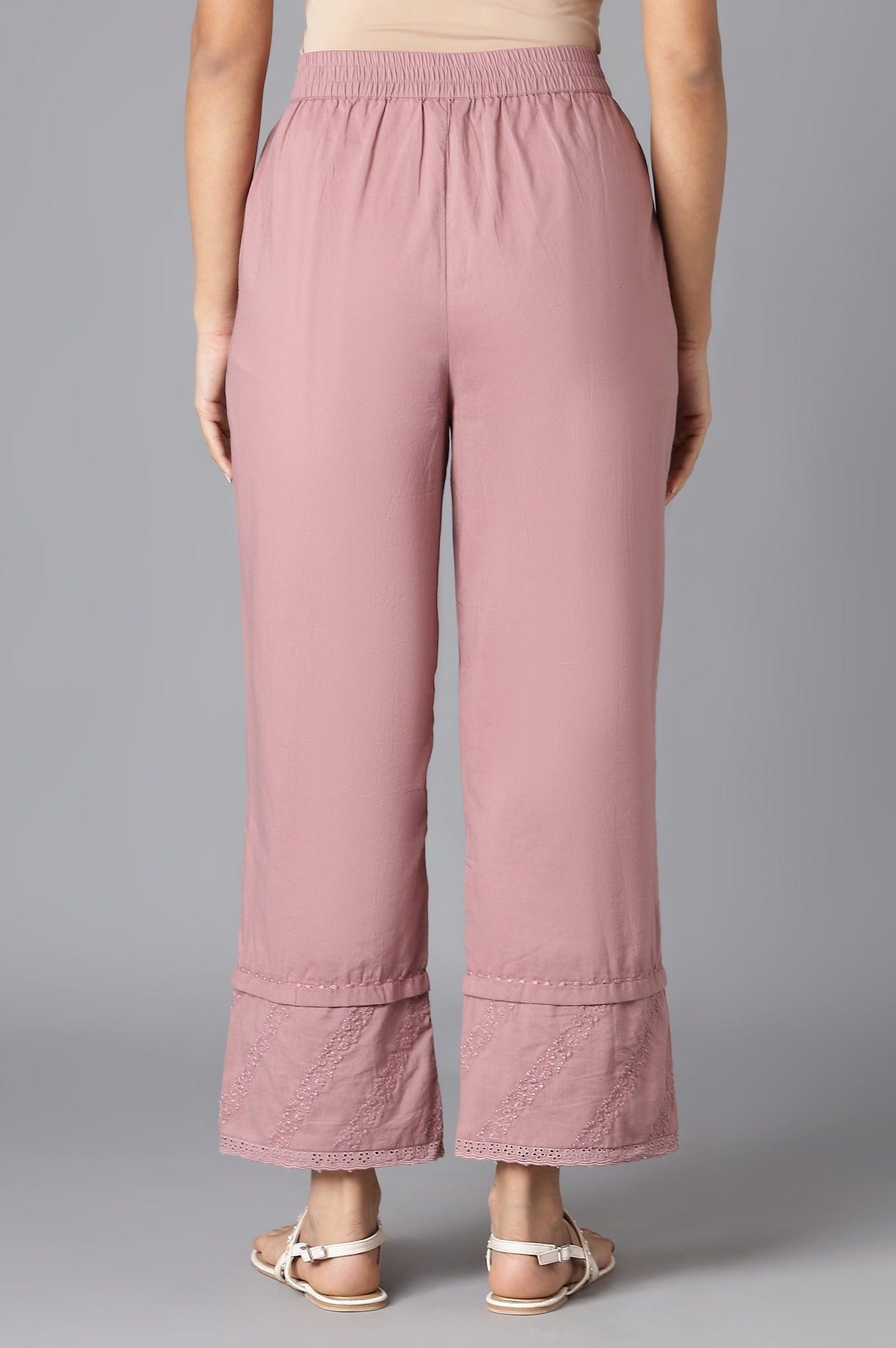 Dark Pink Embroidered Straight Pants - wforwoman