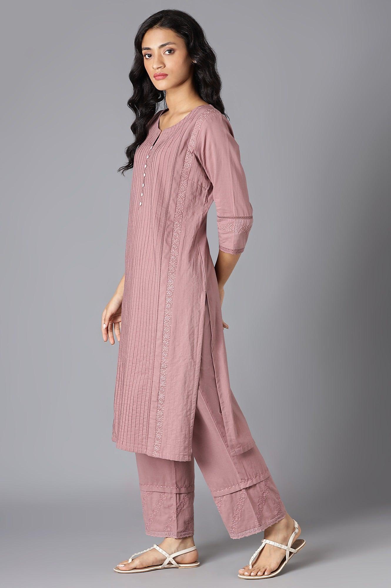 Dark Pink Embroidered Straight Pants - wforwoman