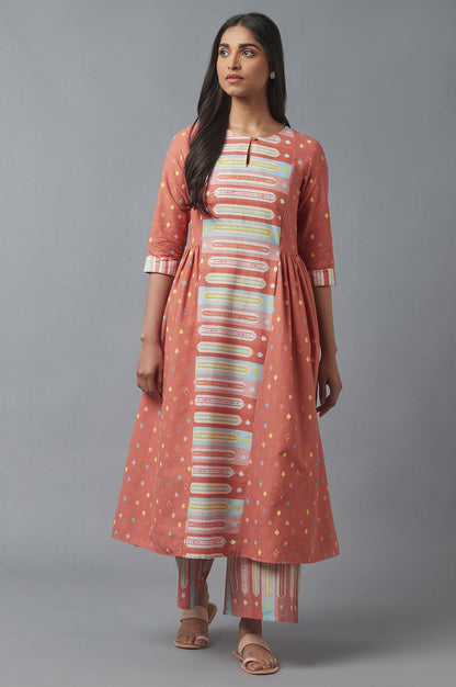 Orange Geometric Printed Shantung Straight Kurta with Parallel Pant Set