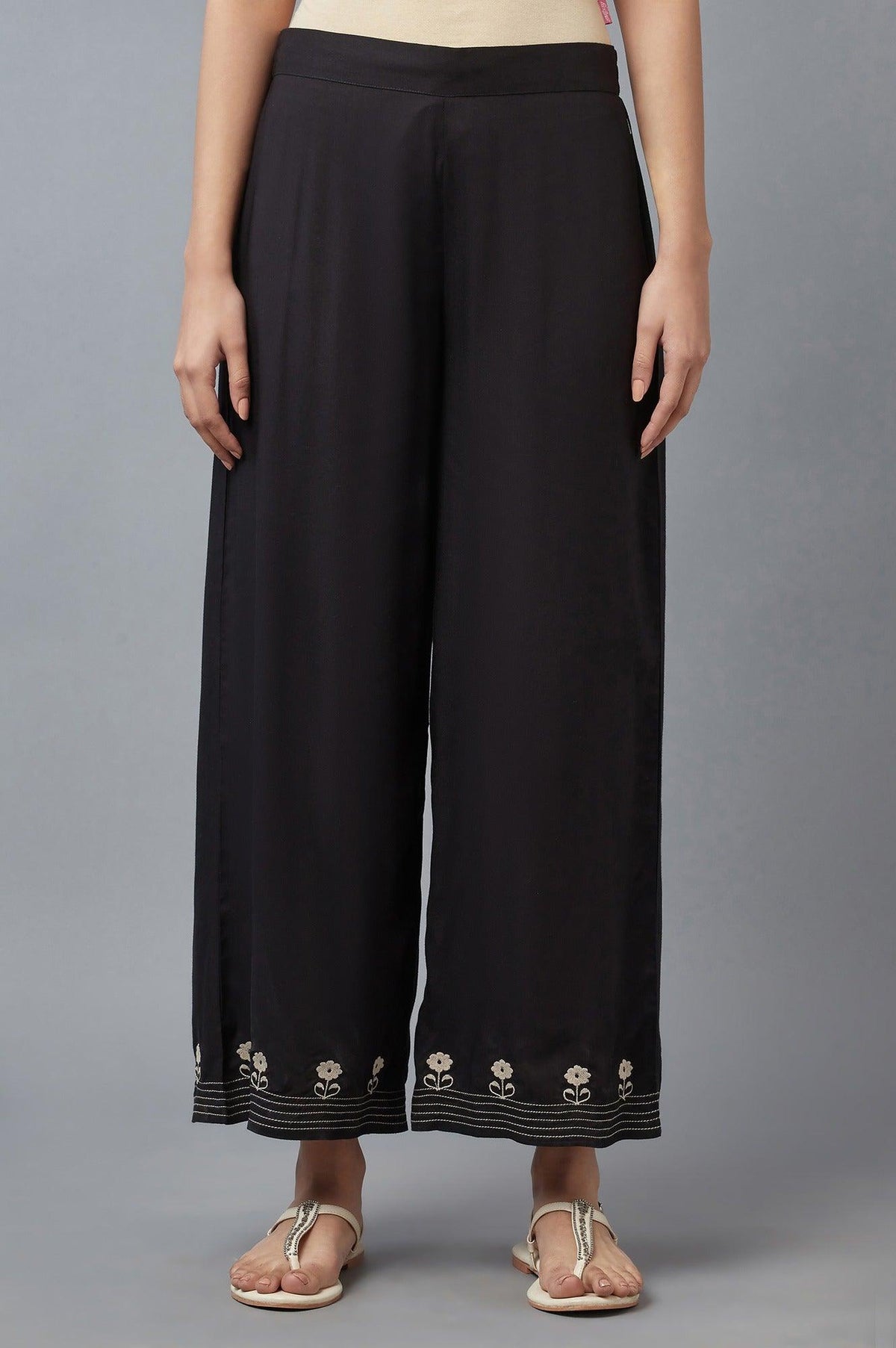 Jet Black Embroidered Parallel Pants - XS