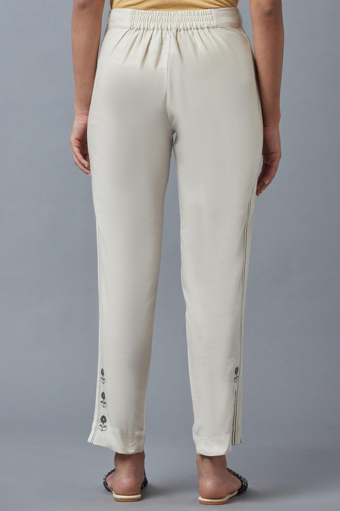 Ecru Embroidered Slim Pants - wforwoman