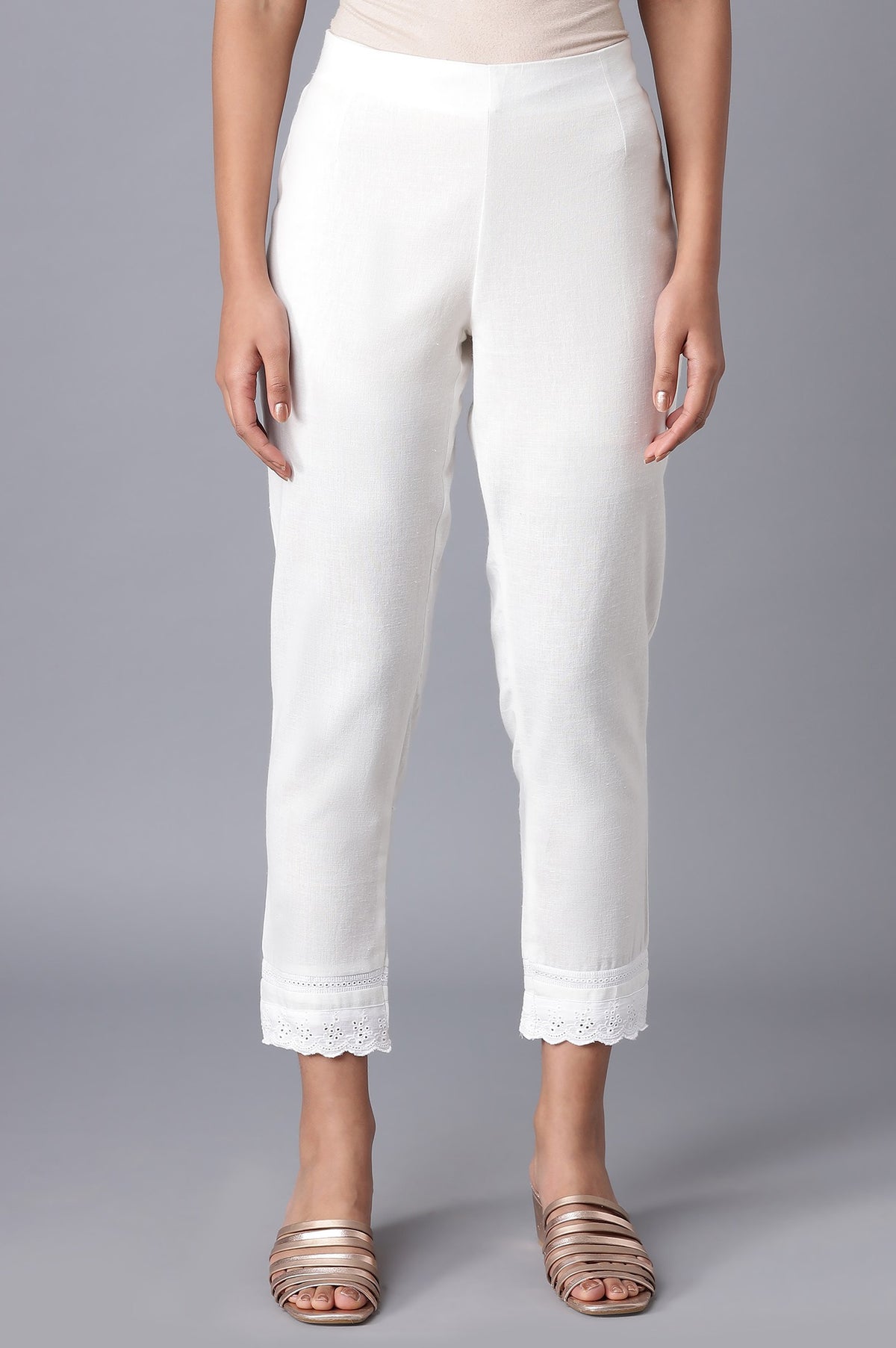 Ecru Slim Pants with Lace - XS