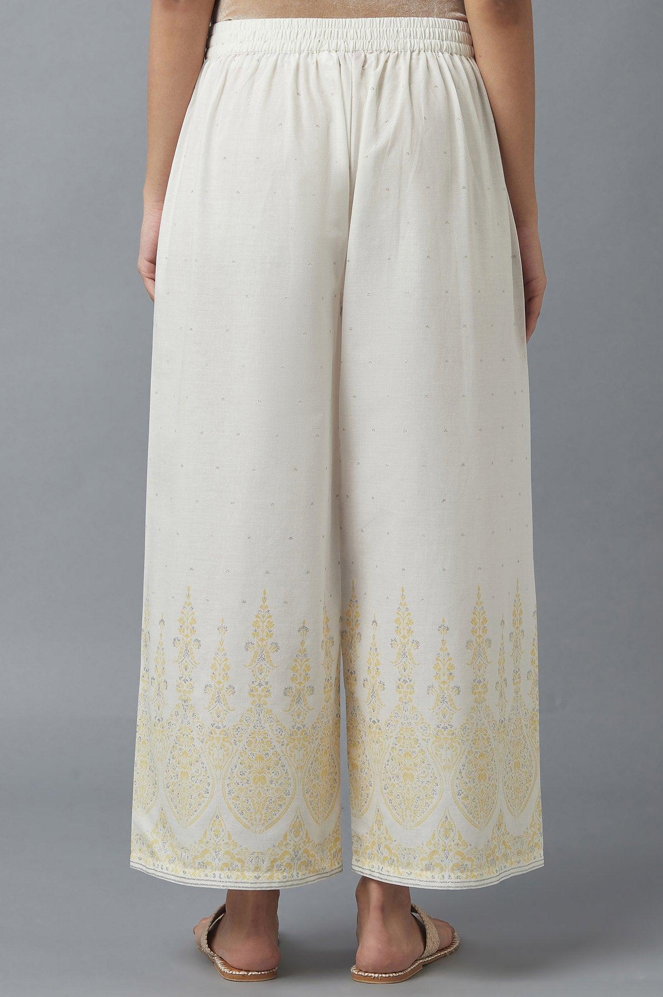 Ecru Parallel Pants with Yellow Prints - wforwoman