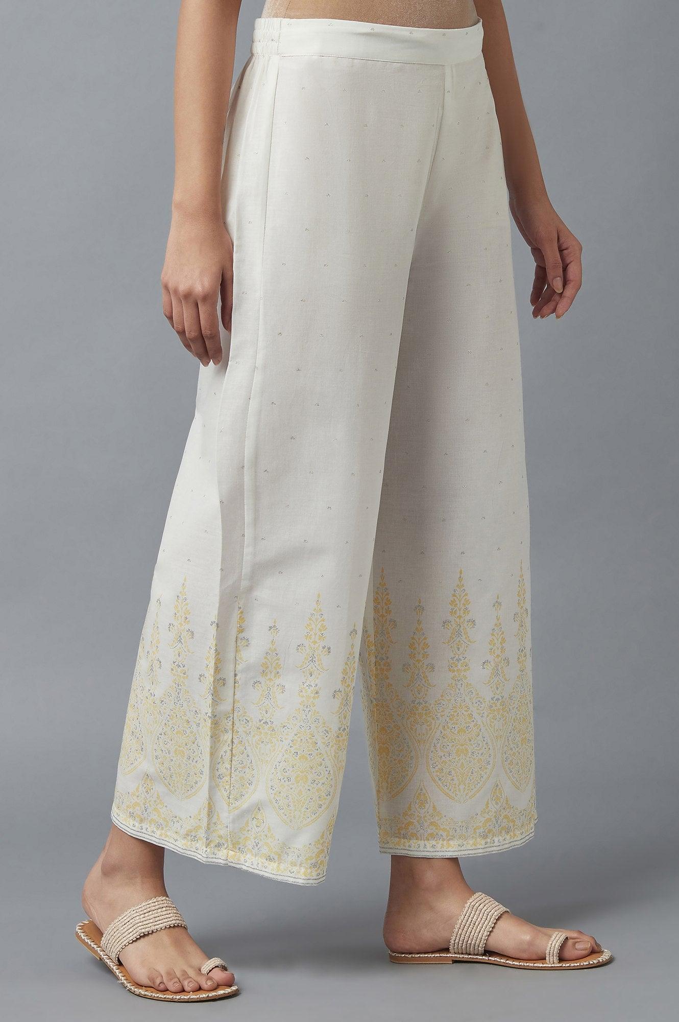 Ecru Parallel Pants with Yellow Prints - wforwoman