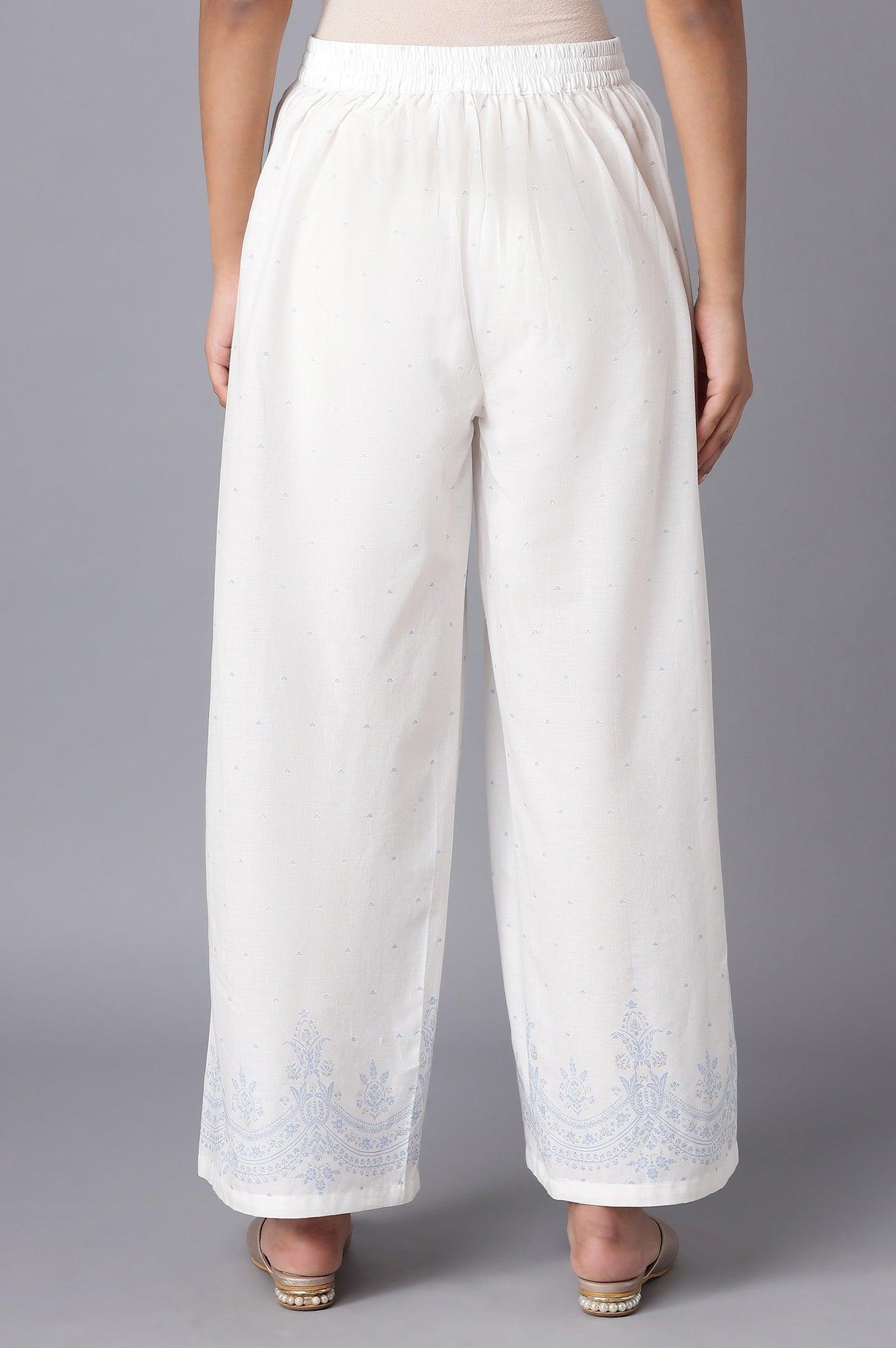 Ecru Parallel Pants with Blue Prints - wforwoman