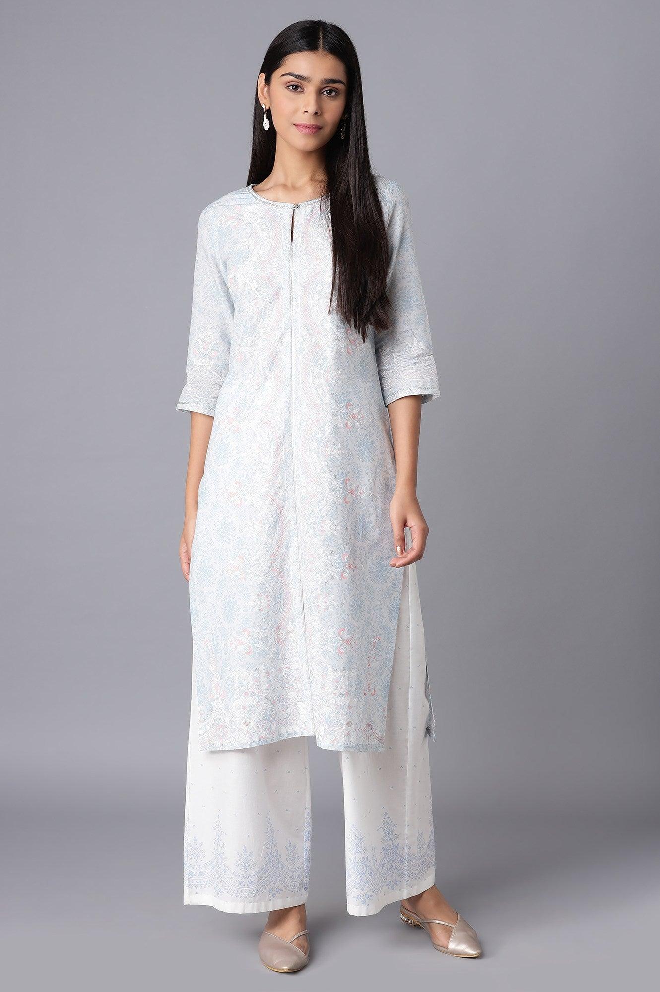 Ecru Parallel Pants with Blue Prints - wforwoman