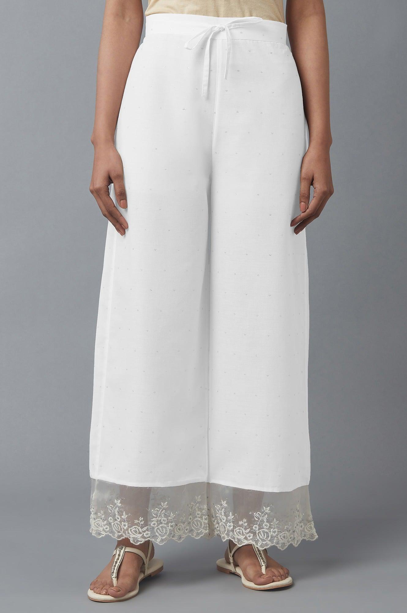 Ecru Parallel Pants with Embroidered Organza Panel - wforwoman
