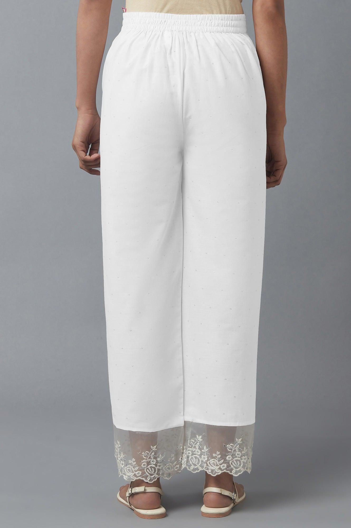 Ecru Parallel Pants with Embroidered Organza Panel - wforwoman