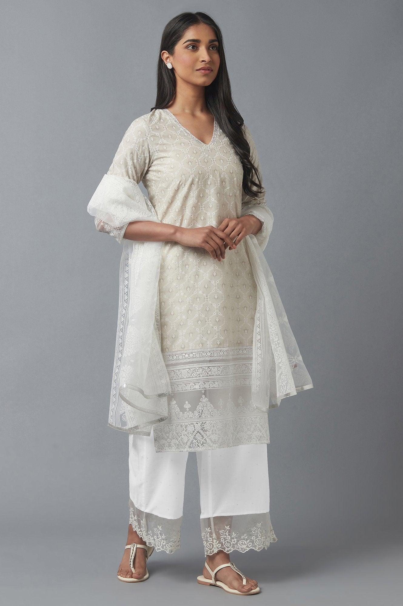 Ecru Parallel Pants with Embroidered Organza Panel - wforwoman