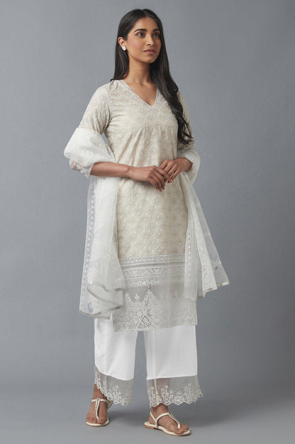 Ecru Parallel Pants with Embroidered Organza Panel - wforwoman