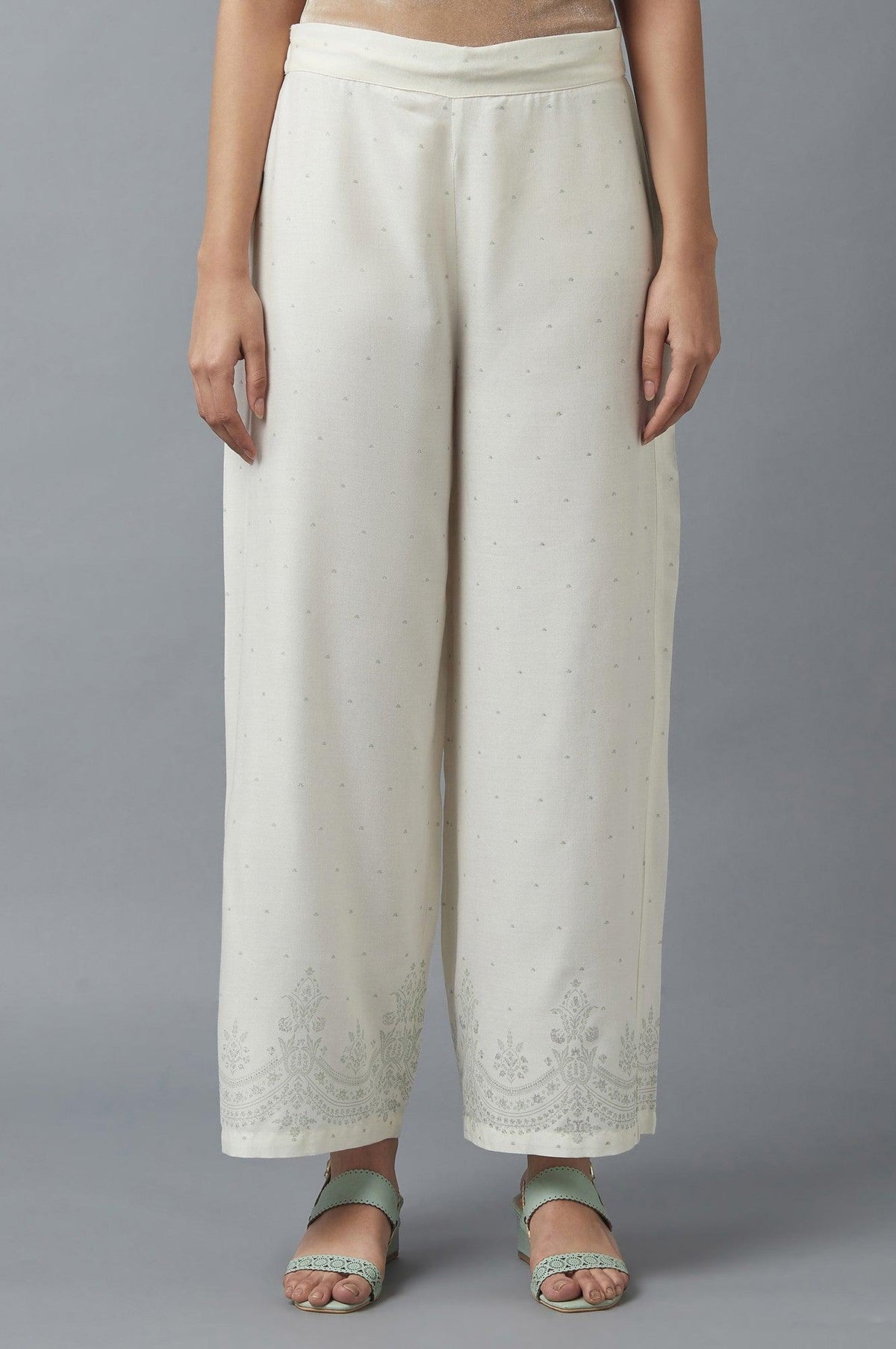 Ecru Parallel Pants with Green Prints - XS