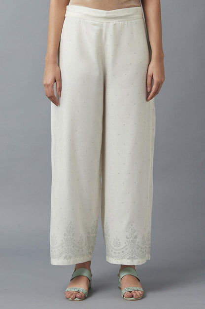 Ecru Parallel Pants with Green Prints - wforwoman