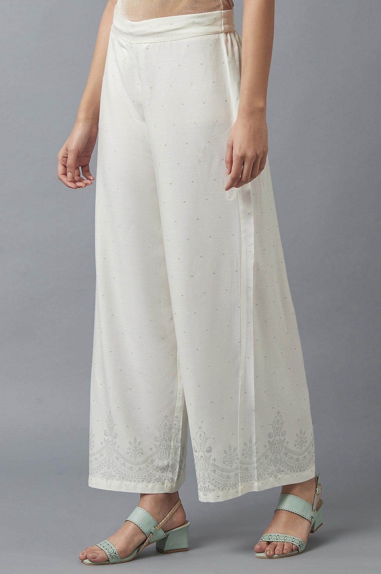 Ecru Parallel Pants with Green Prints - wforwoman