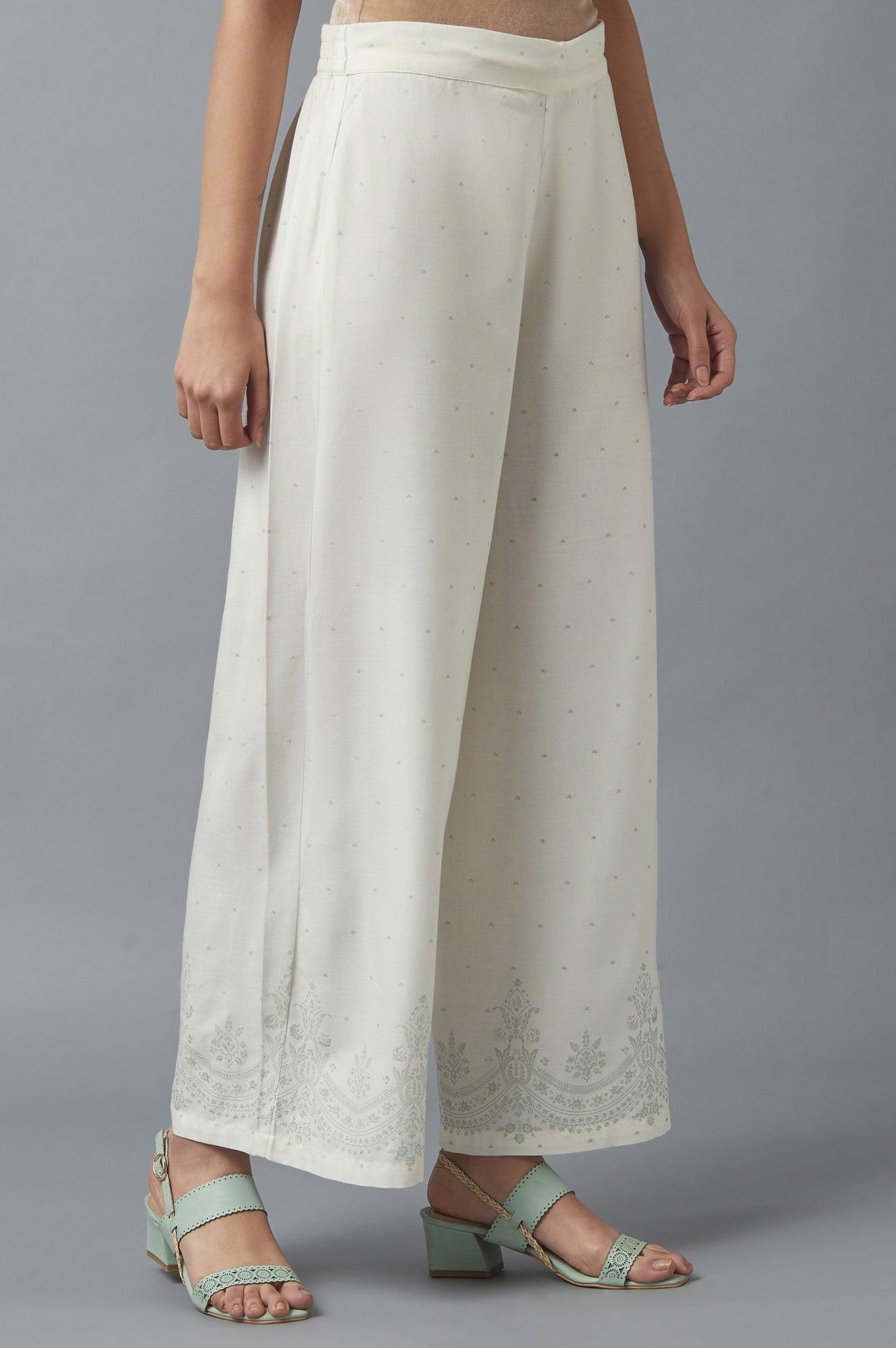 Ecru Parallel Pants with Green Prints - wforwoman