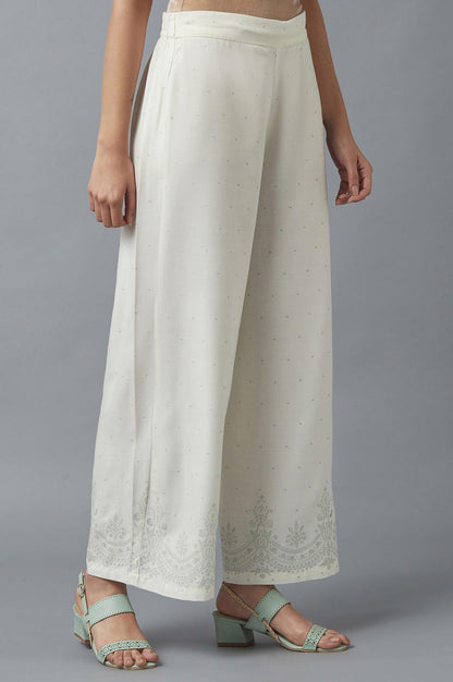 Ecru Parallel Pants with Green Prints - wforwoman