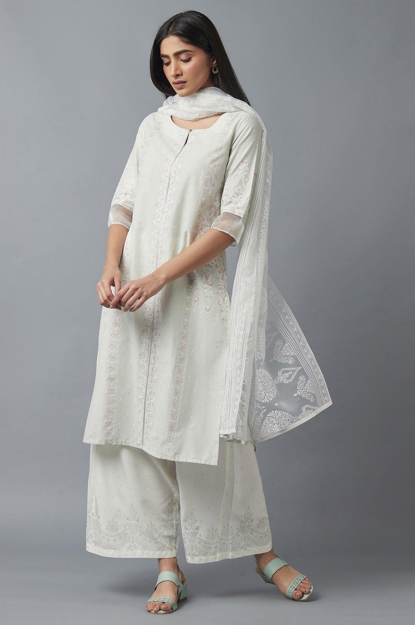 Ecru Parallel Pants with Green Prints - wforwoman