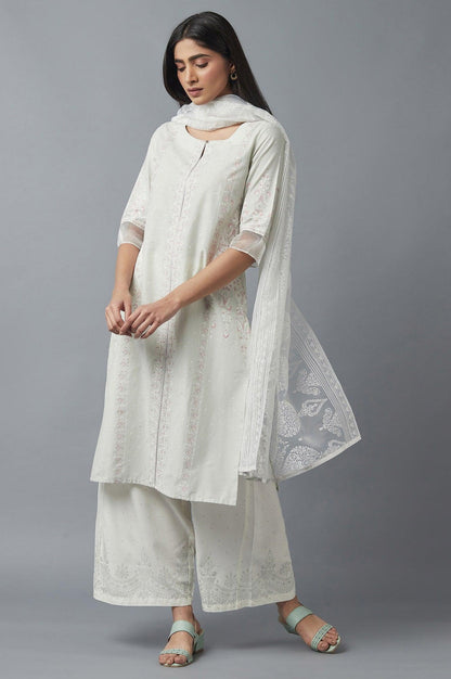 Ecru Parallel Pants with Green Prints - wforwoman