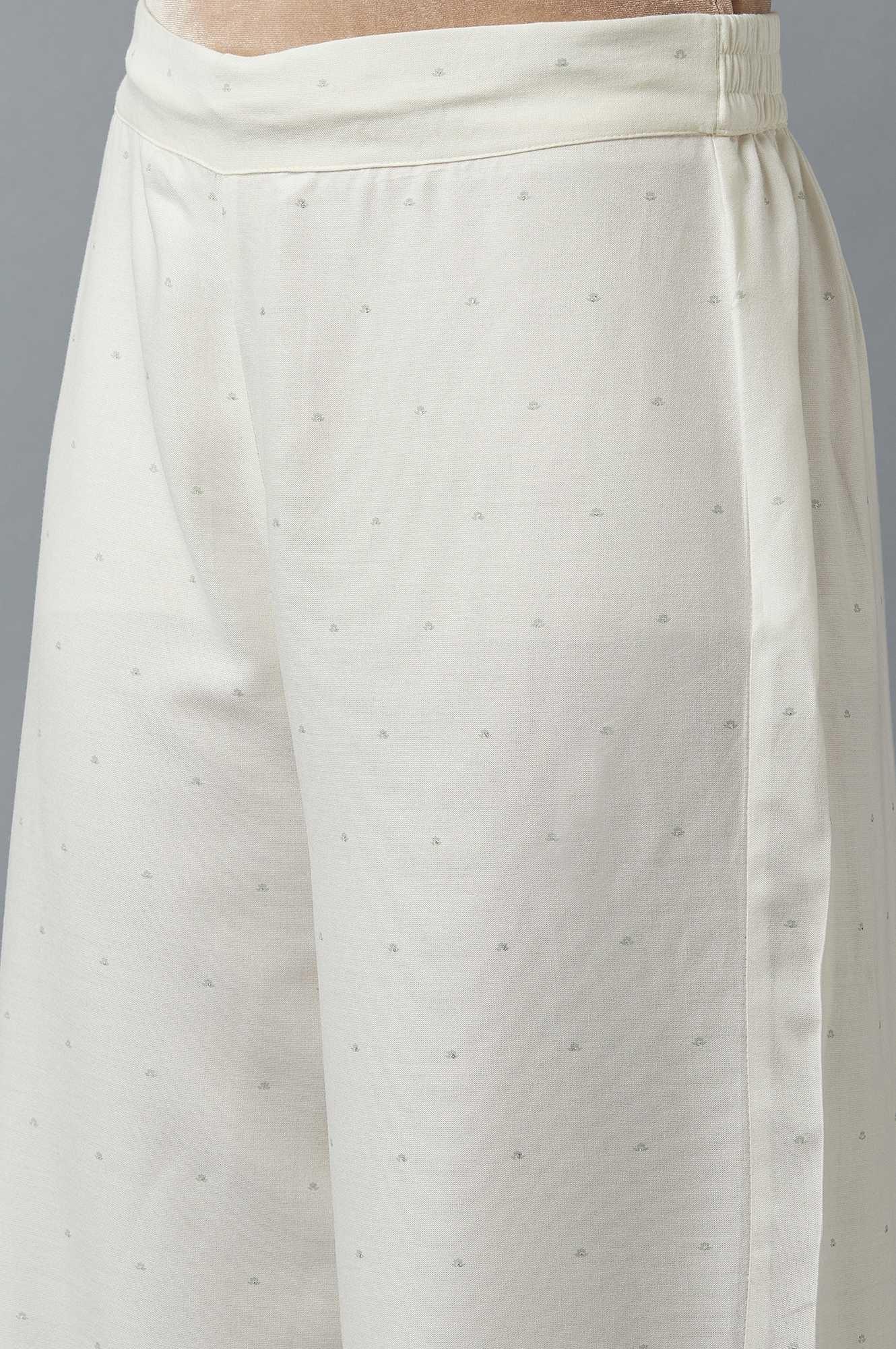 Ecru Parallel Pants with Green Prints - wforwoman