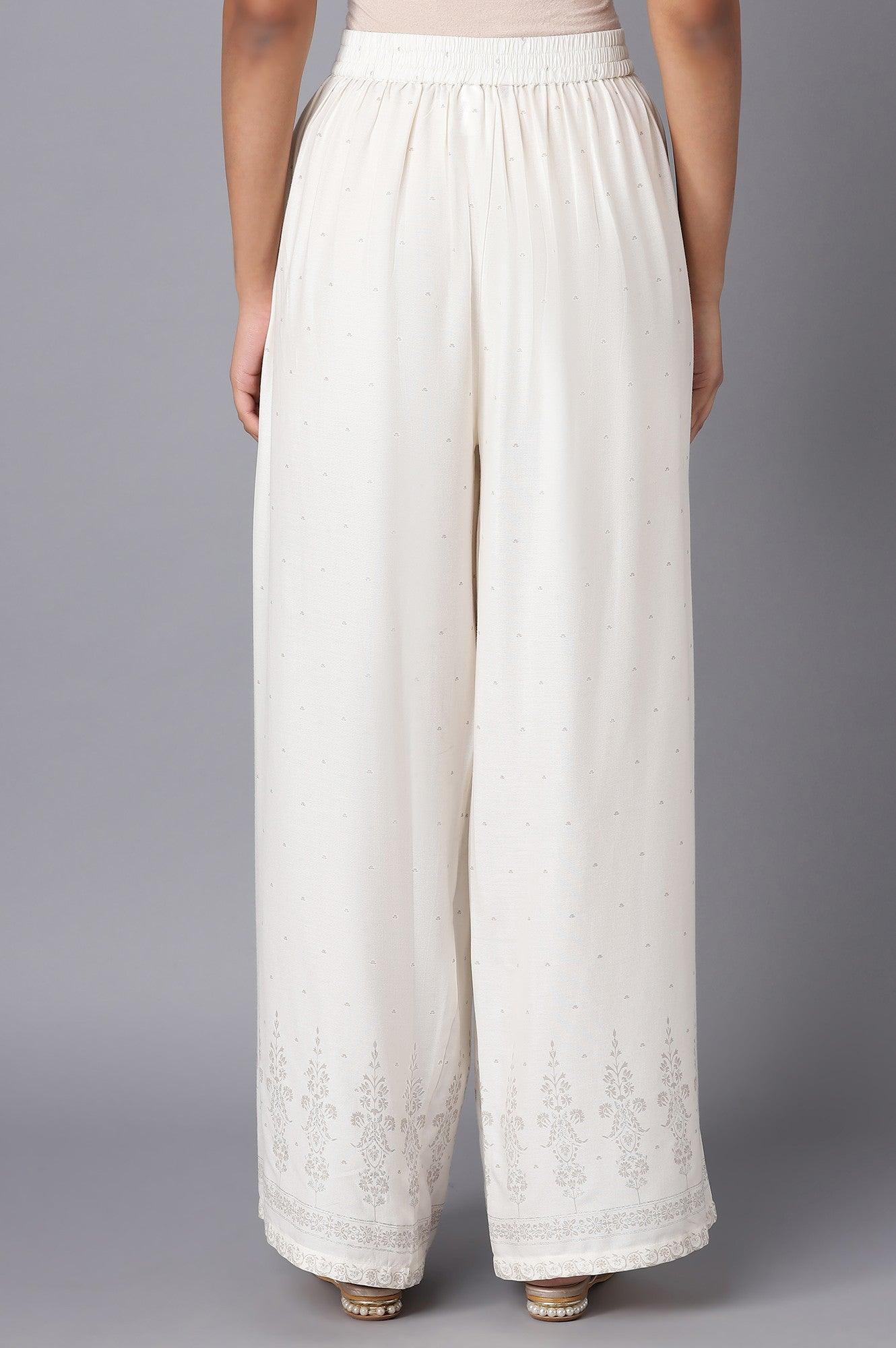 Ecru Parallel Pants with Grey Prints - wforwoman