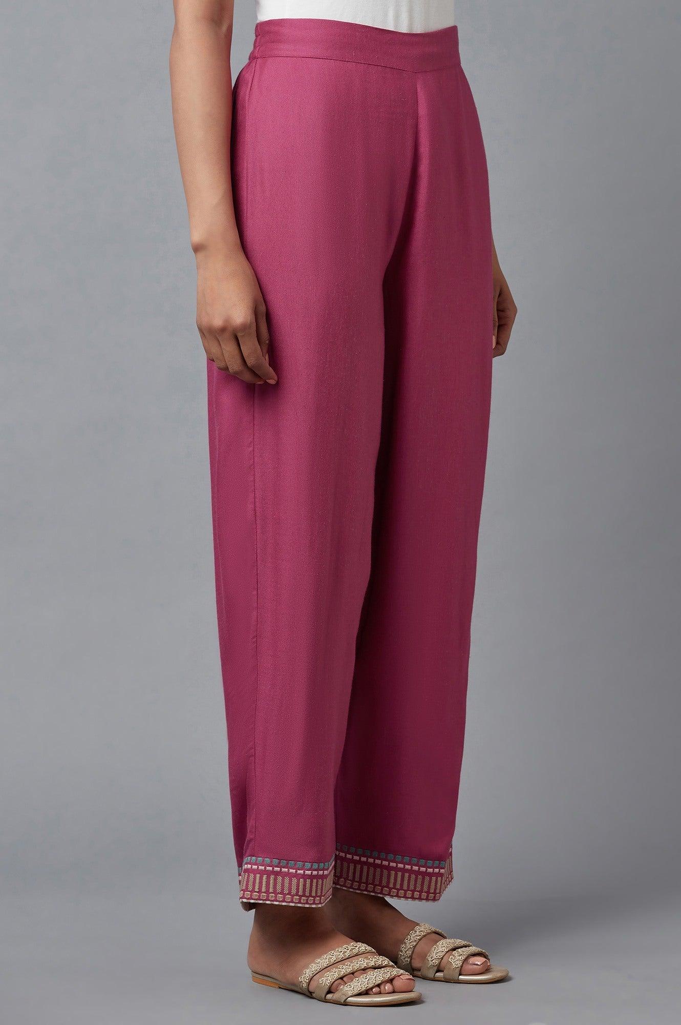Pink Solid Slim Pants With Embroidery - wforwoman