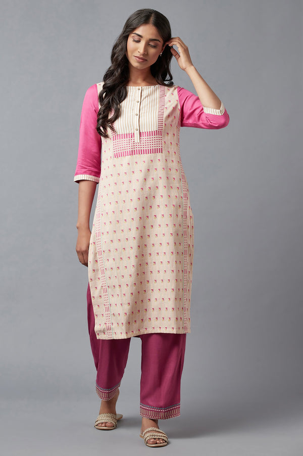 Pink Geometric Printed Straight Kurta with Slim Pant Set
