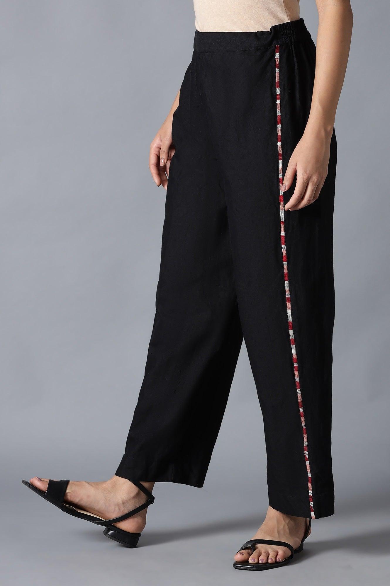Black Solid Parallel Pants with Embroidery - wforwoman