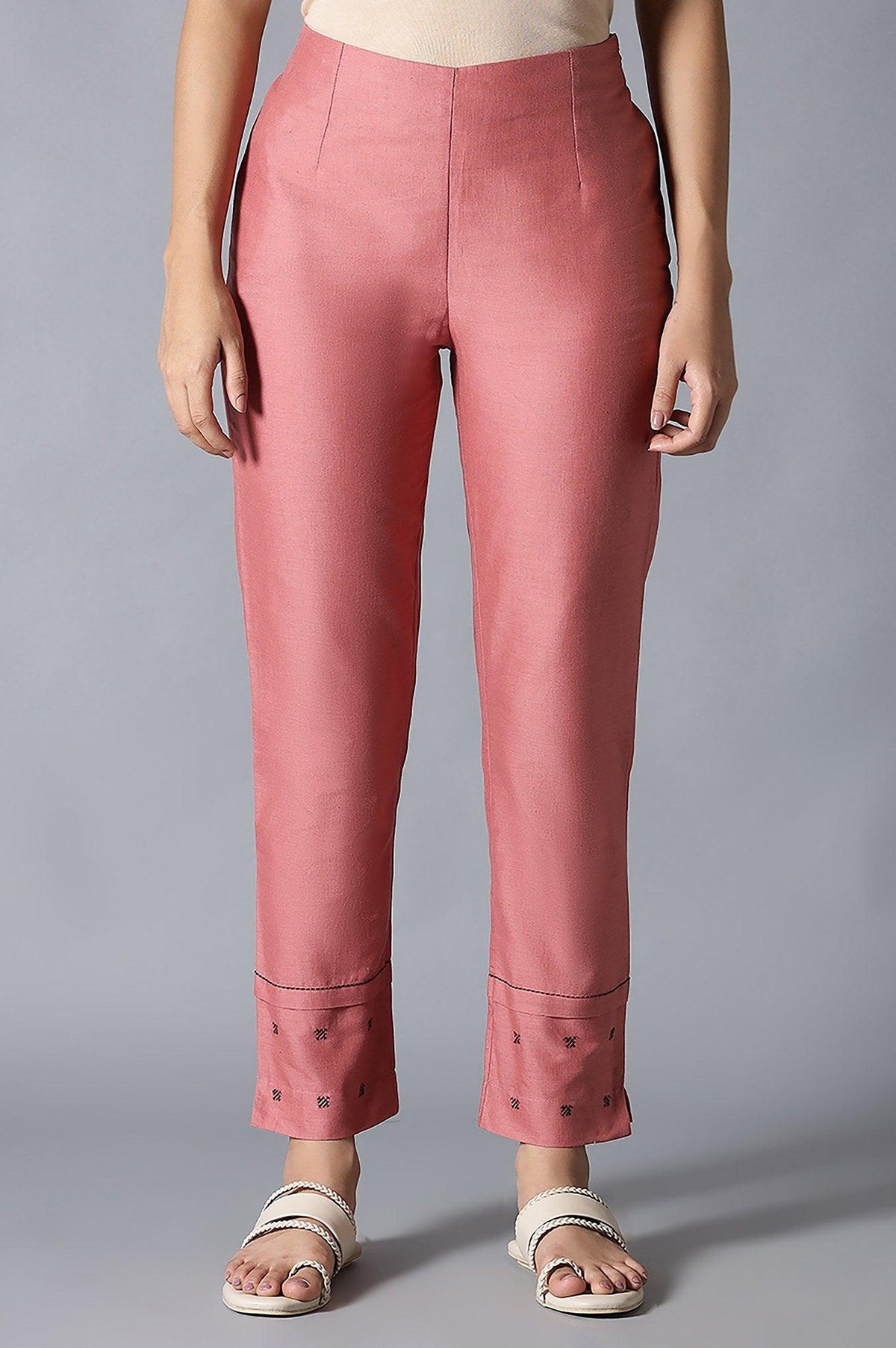 Light Red Flax Solid Slim Pants - S