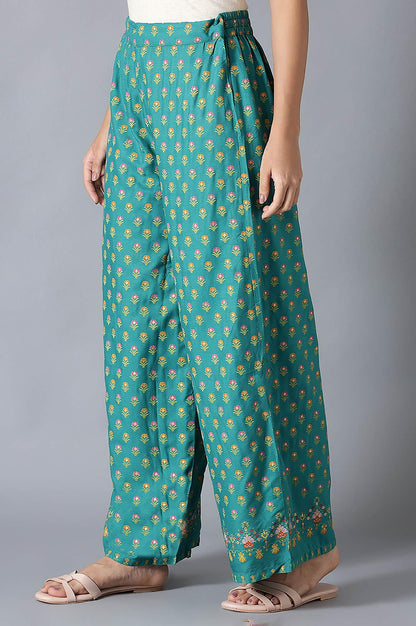 Dark Green Floral Printed Parallel Pants - wforwoman