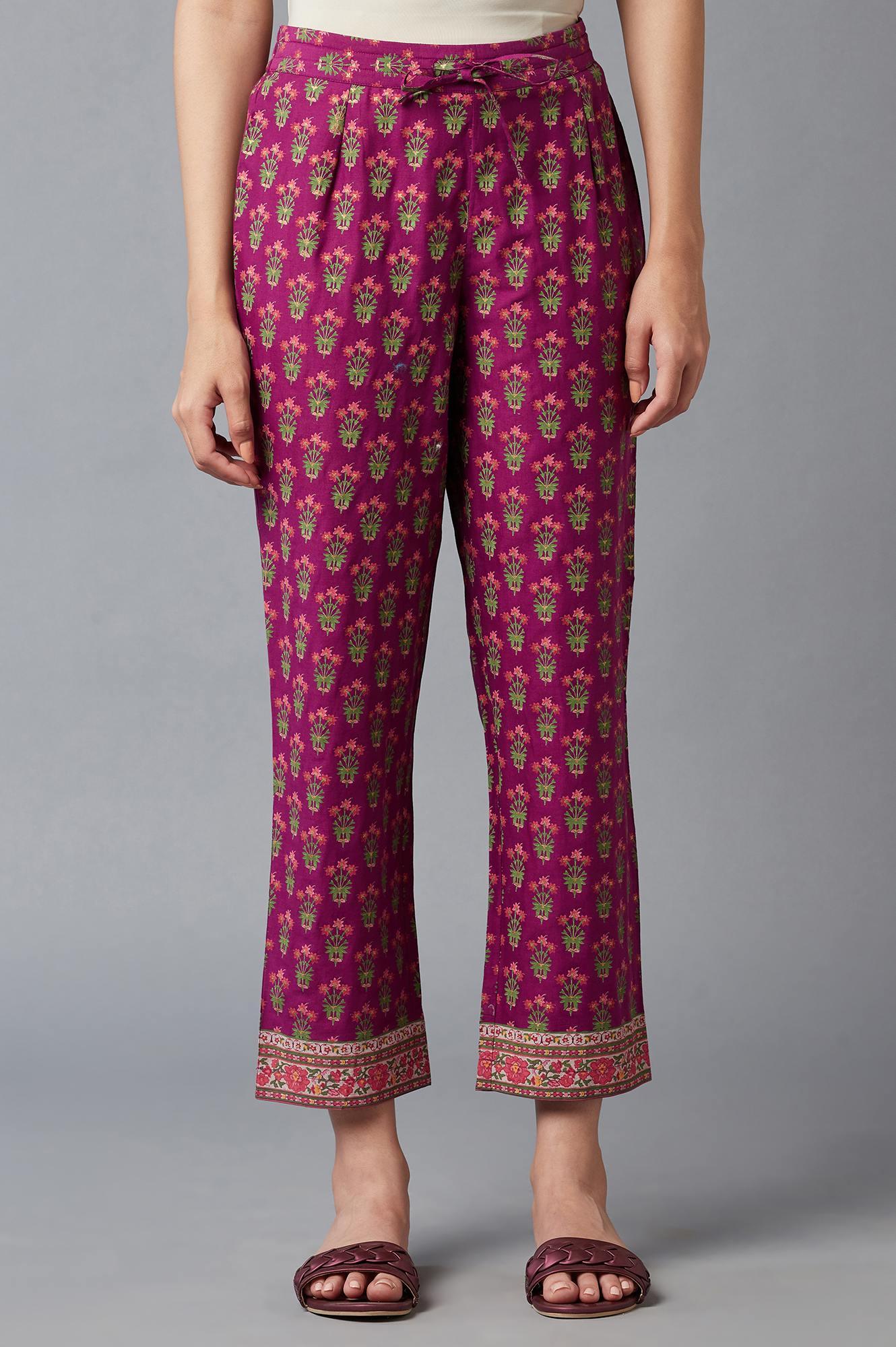 Dark Purple Floral Printed Straight Pants - wforwoman