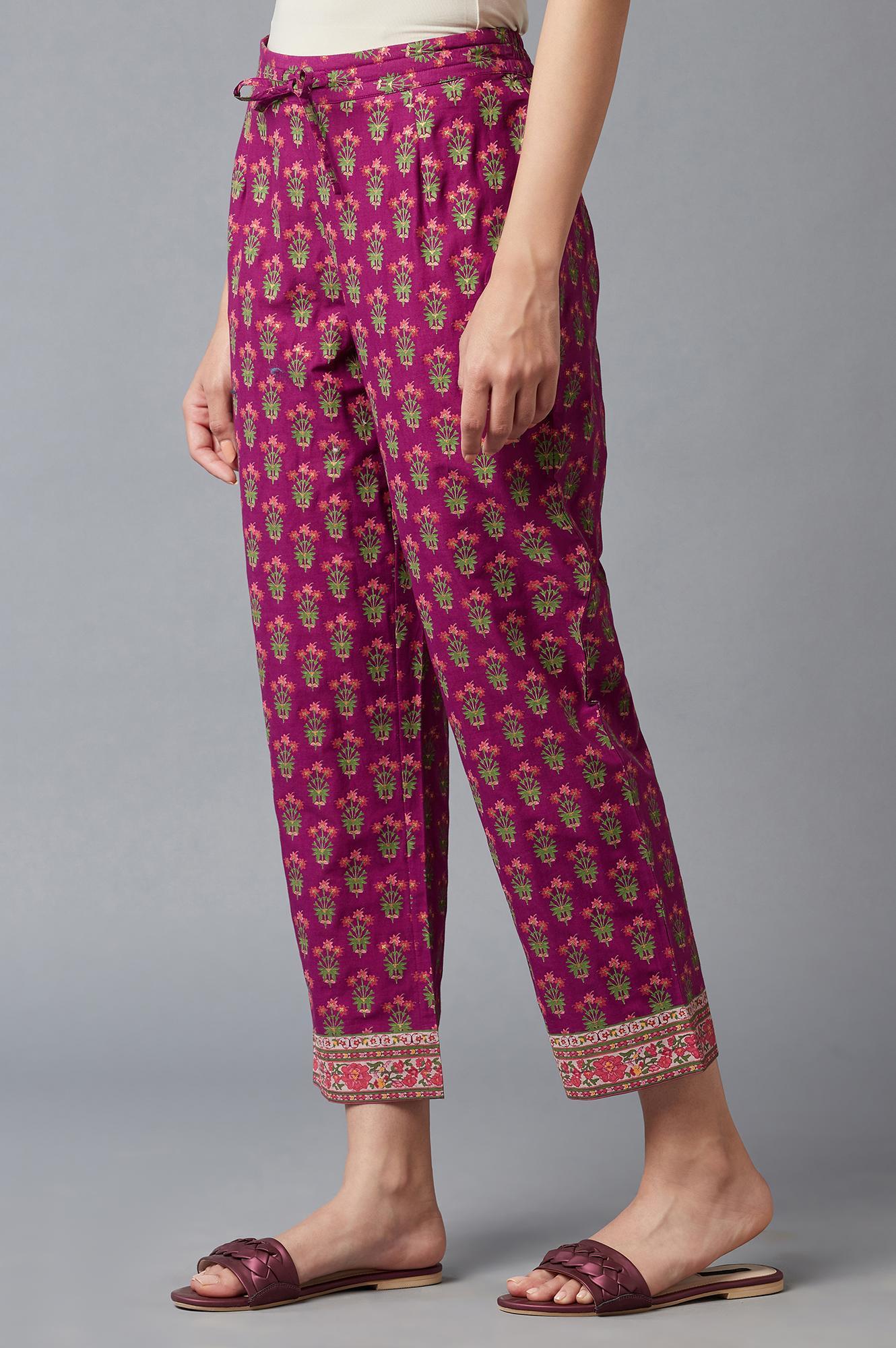 Dark Purple Floral Printed Straight Pants - wforwoman