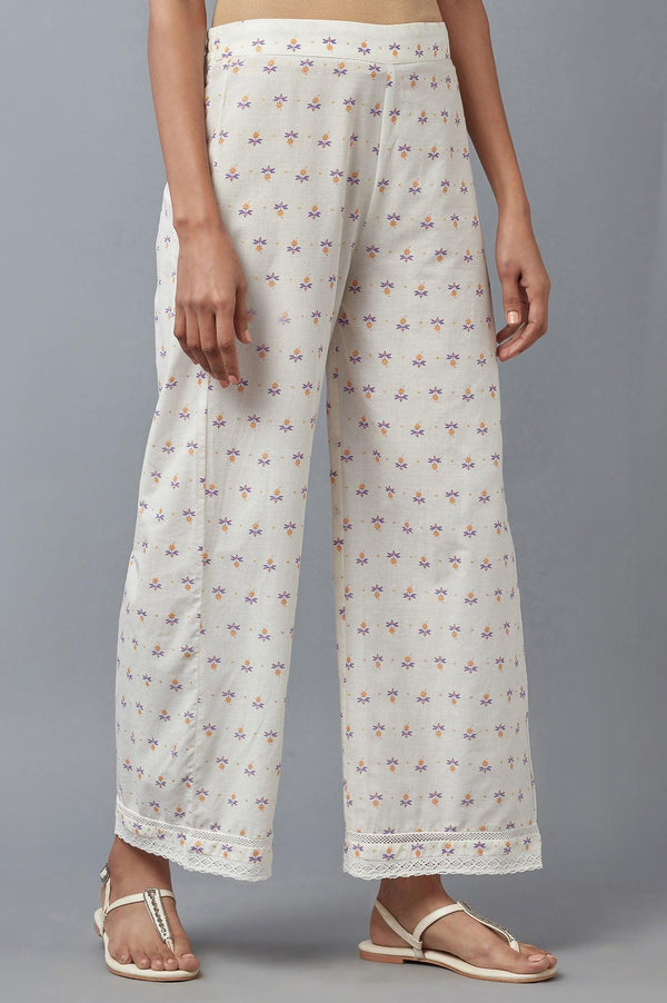Ecru Floral Printed Parallel Pants with Lace