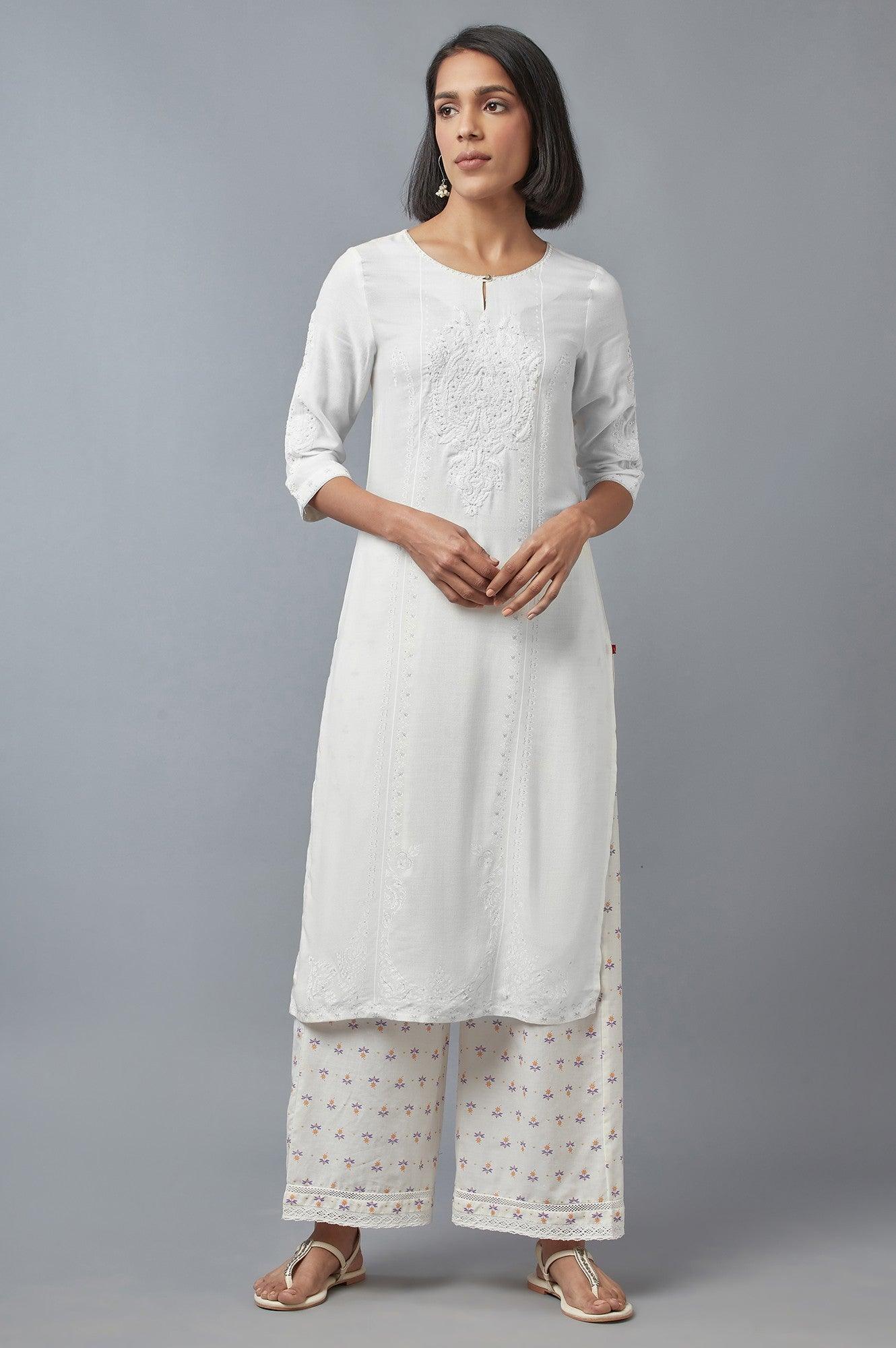 Ecru Floral Printed Parallel Pants with Lace - wforwoman