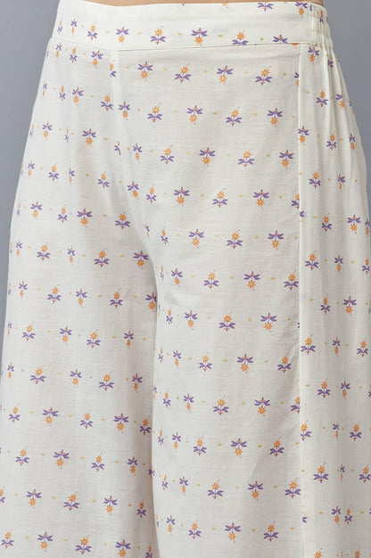 Ecru Floral Printed Parallel Pants with Lace - wforwoman