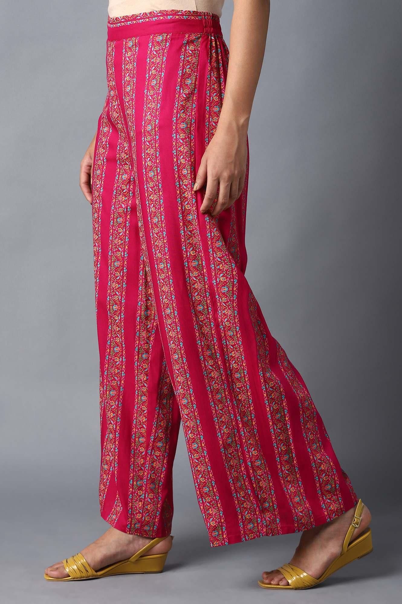 Dark Pink Floral Printed Parallel Pants - wforwoman