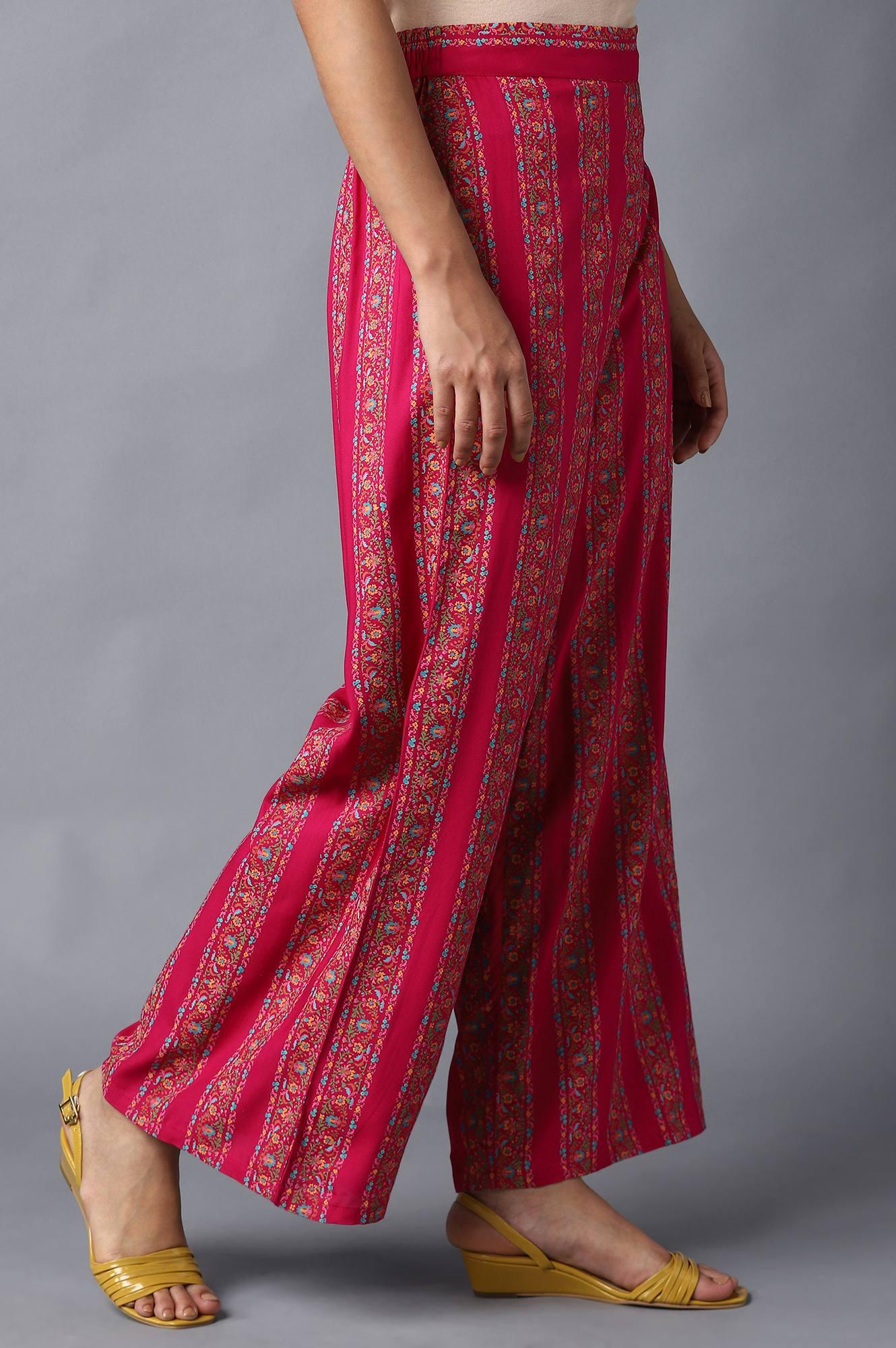 Dark Pink Floral Printed Parallel Pants - wforwoman
