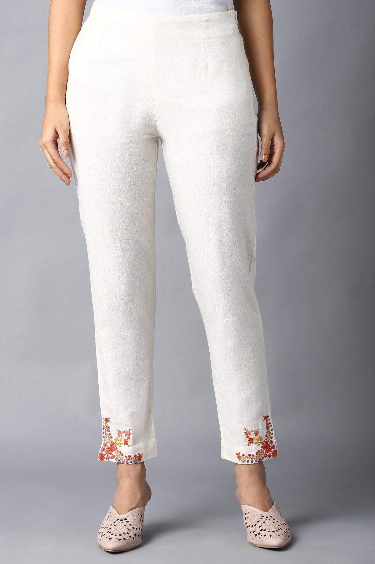 Ecru Solid Slim Pants With Thread Embroidery - XS