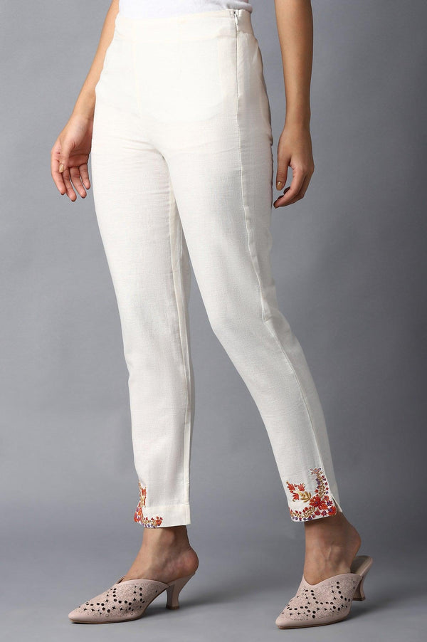 Ecru Solid Slim Pants With Thread Embroidery