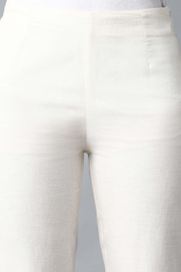 Ecru Solid Slim Pants With Thread Embroidery
