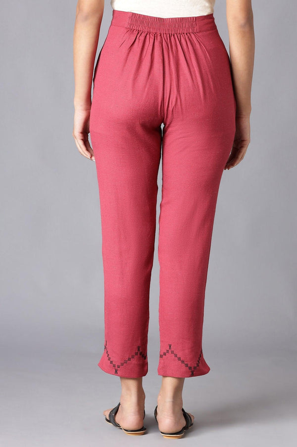 Dark Red Solid Slim Pants With Embroidery