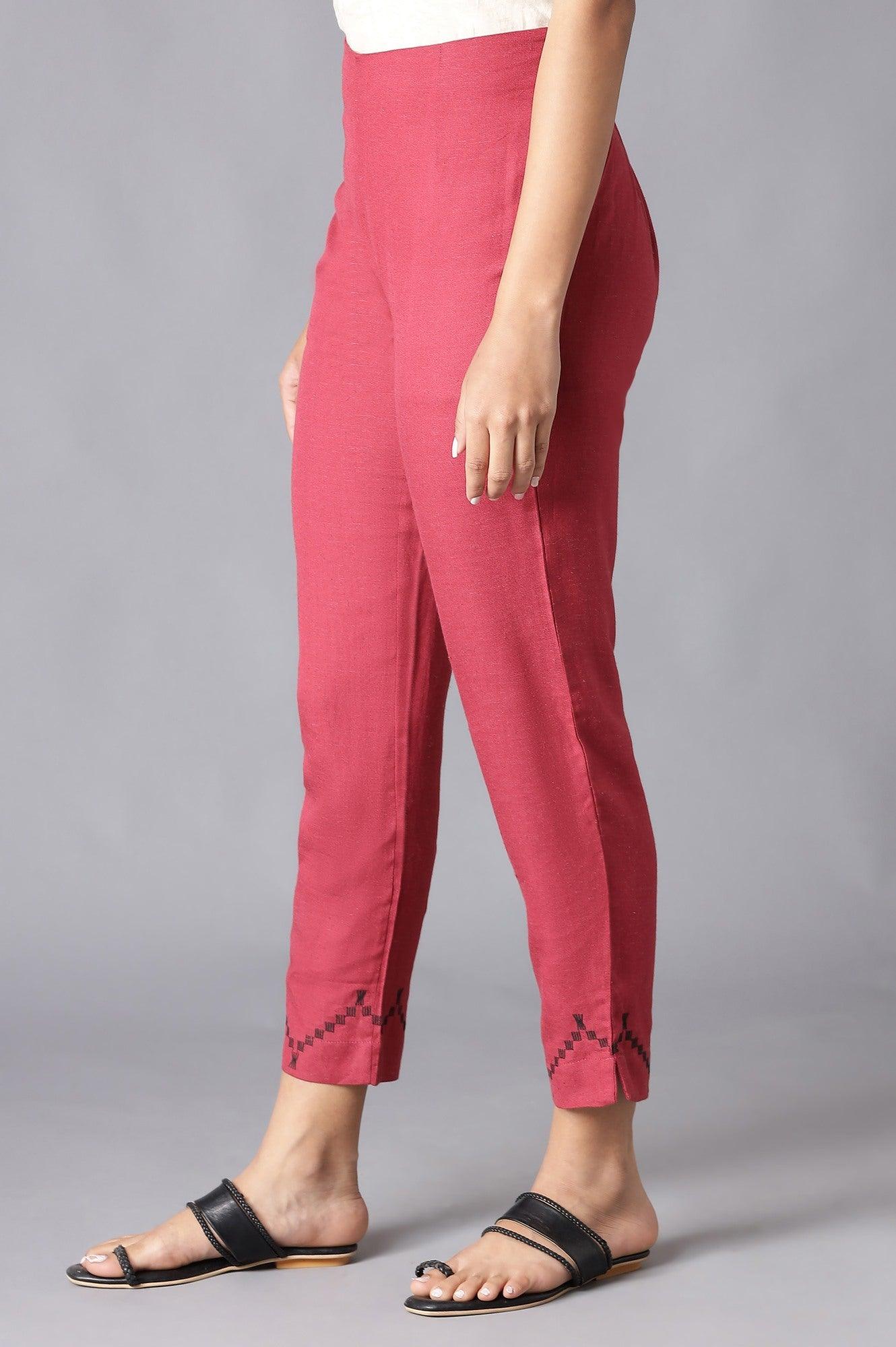 Dark Red Solid Slim Pants With Embroidery - wforwoman