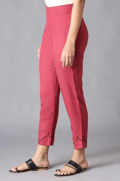 Dark Red Solid Slim Pants With Embroidery - wforwoman