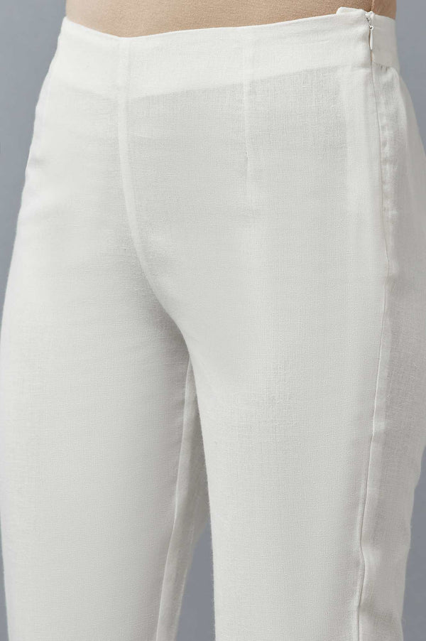 White Cotton Flax Solid Slim Pants