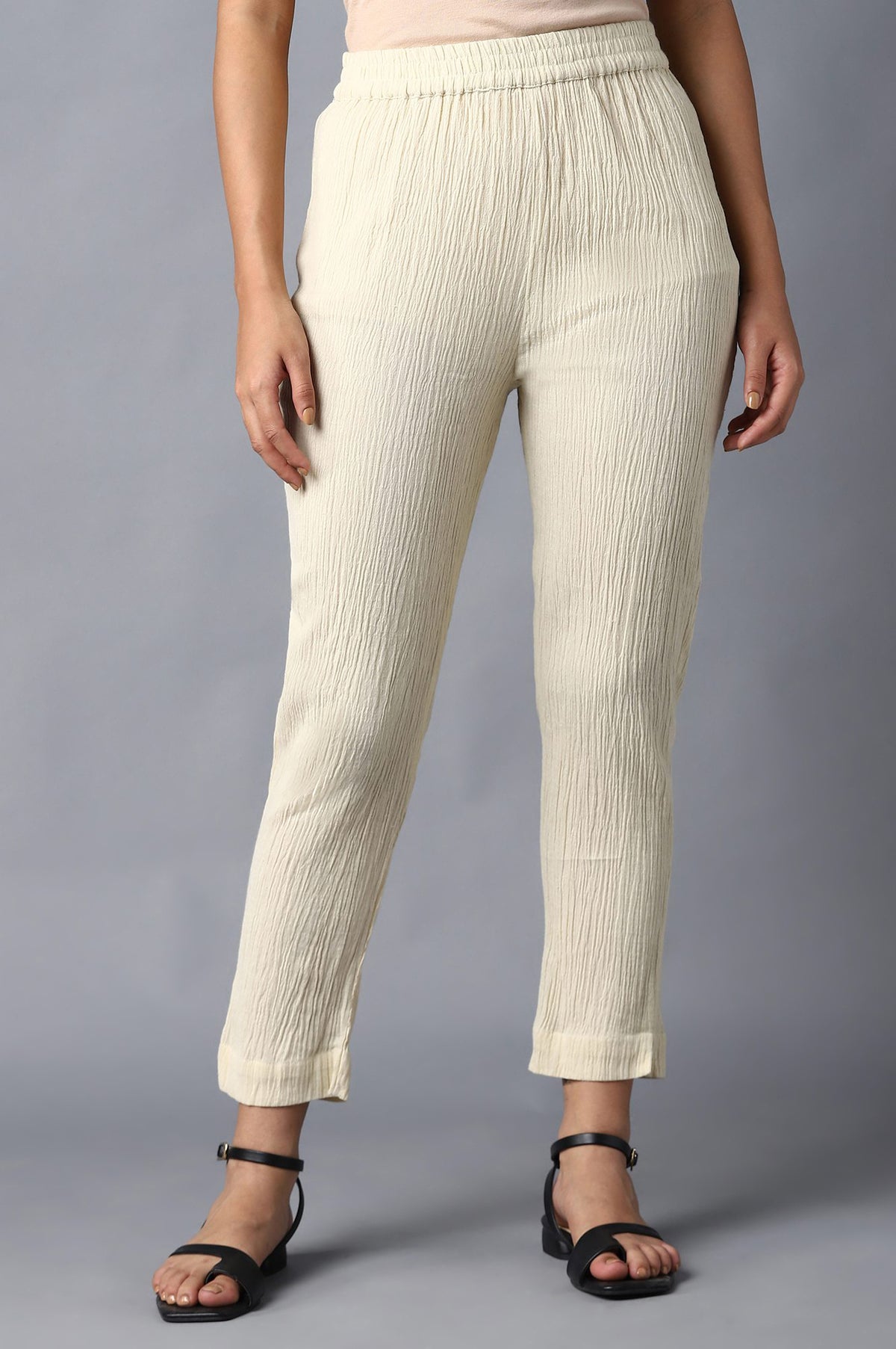 Cream Slim Pants With Full Elastication - WG
